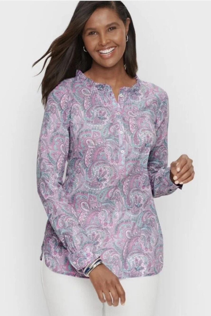 Talbots Pastel Paisley Pintuck Popover Airy Top XLP Purple Blue Feminine Chic